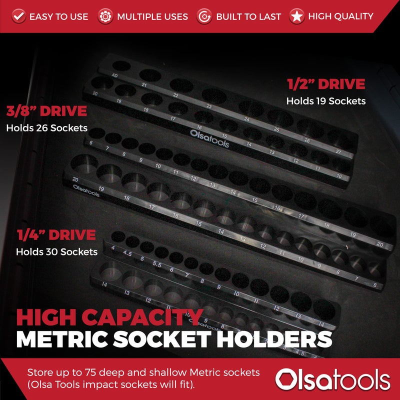 Olsa Tools Magnetic Socket Organizer | 3 Piece Socket Holder Kit | 1/2-Inch, 3/8-Inch, & 1/4-Inch Drive | Metric Black | Holds 75 Sockets | Professional-Grade - Image 3